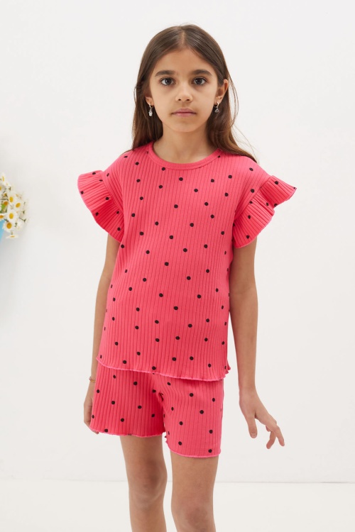 Fuşya Puantiyeli Şortlu Bluzlu Kız Çocuk Takım 18673