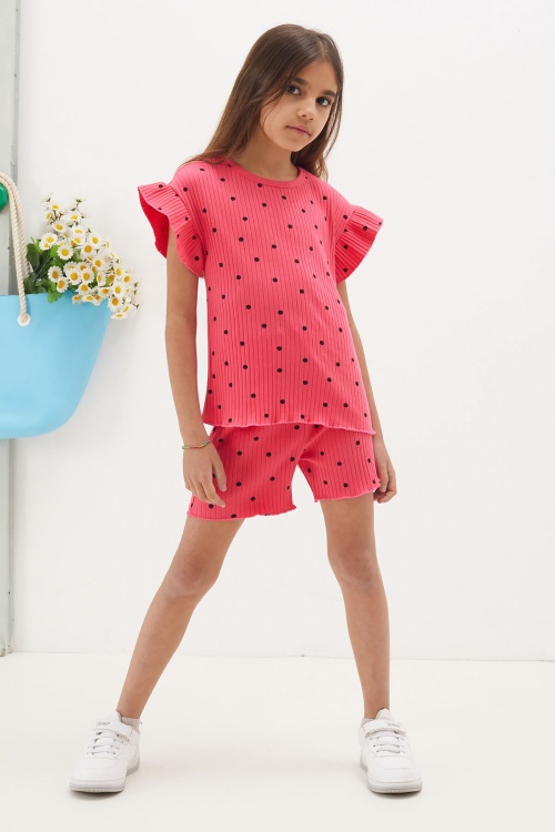 Fuşya Puantiyeli Şortlu Bluzlu Kız Çocuk Takım 18673