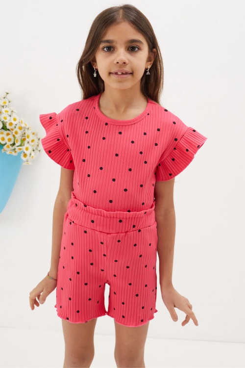 Fuşya Puantiyeli Şortlu Bluzlu Kız Çocuk Takım 18673
