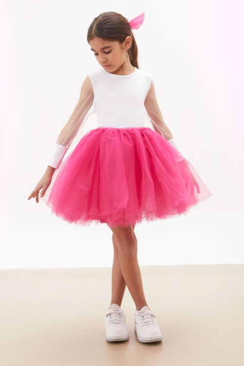 Fuşya Tütü Etekli Kolları Tüllü Bluzlu Kız Çocuk Elbise Takımı 17731