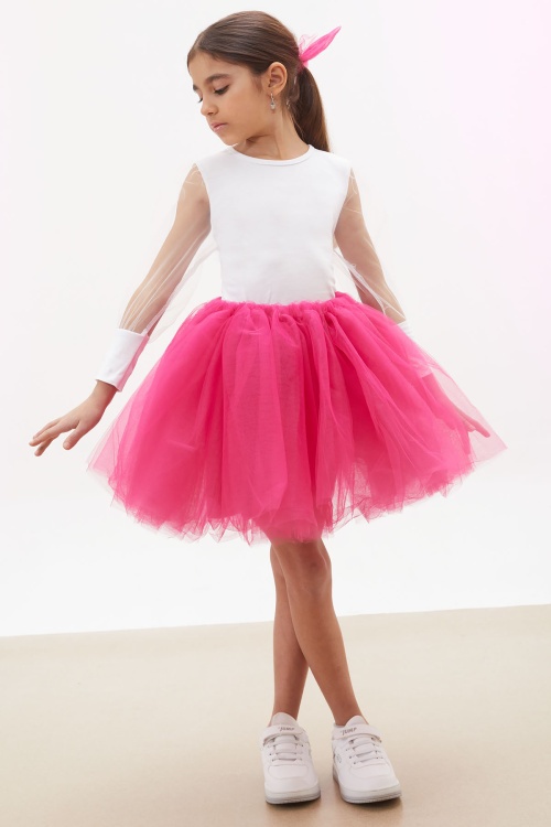 Fuşya Tütü Etekli Kolları Tüllü Bluzlu Kız Çocuk Elbise Takımı 17731