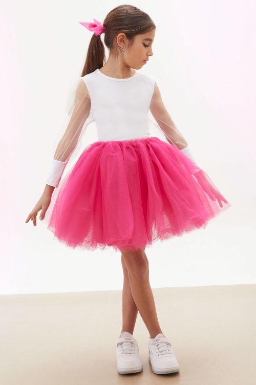 Fuşya Tütü Etekli Kolları Tüllü Bluzlu Kız Çocuk Elbise Takımı 17731