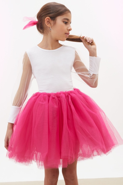 Fuşya Tütü Etekli Kolları Tüllü Bluzlu Kız Çocuk Elbise Takımı 17731