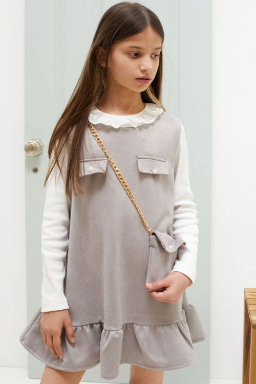 Gri Dantel Yaka Badili Çantalı Kız Çocuk Süet Elbise 18591