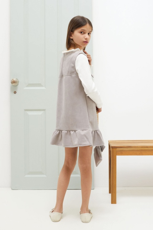 Gri Dantel Yaka Badili Çantalı Kız Çocuk Süet Elbise 18591