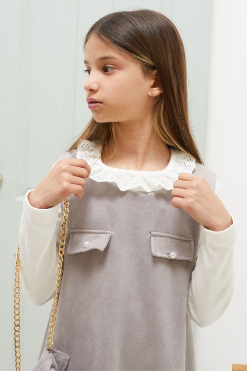 Gri Dantel Yaka Badili Çantalı Kız Çocuk Süet Elbise 18591