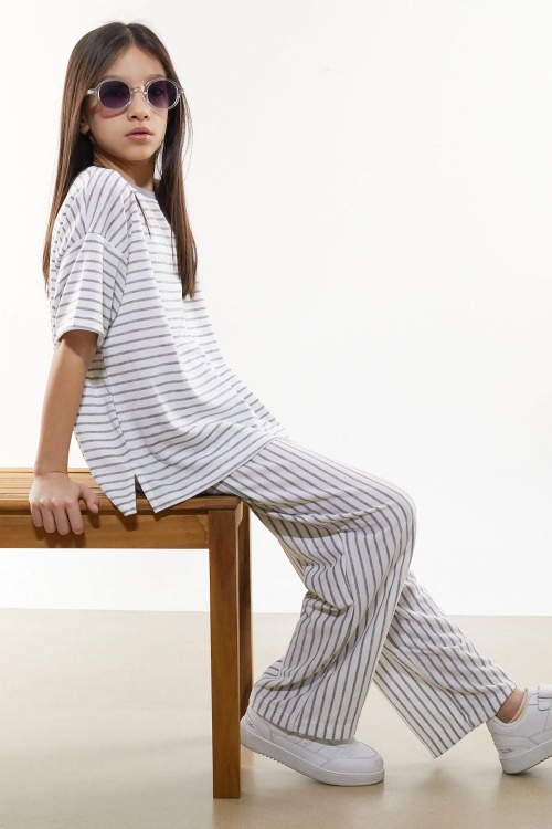 Gri Kısa Kollu Çizgili Kız Çocuk Takım 17983
