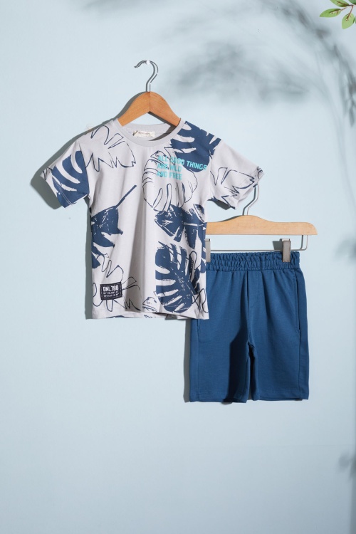 Gri Yaprak Baskılı Erkek Çocuk Şortlu Takım 18535