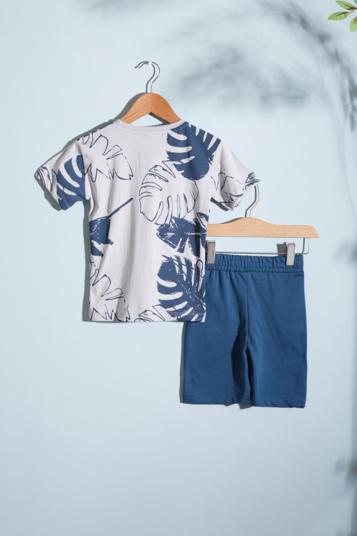 Gri Yaprak Baskılı Erkek Çocuk Şortlu Takım 18535