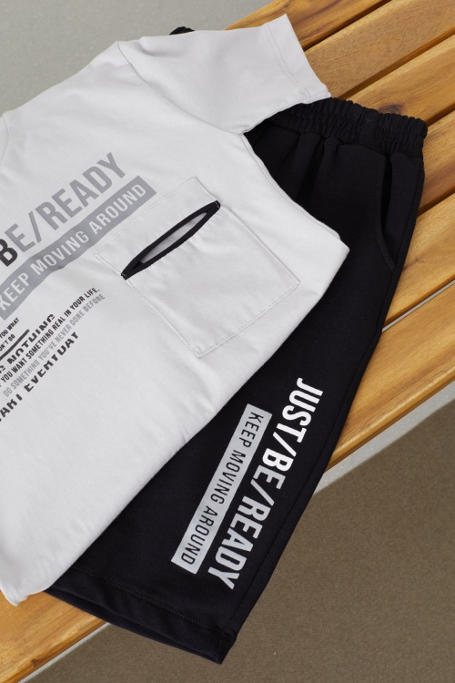 Gri Yazı Baskılı Göğüs Cepli Erkek Çocuk Şortlu Takım 18616