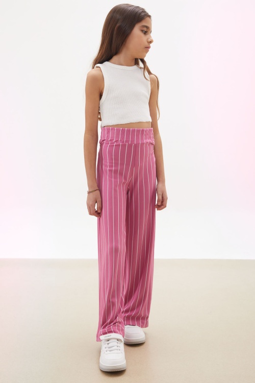 Gül K. Çizgi Desenli Kuşaklı Geniş Paça Kız Çocuk Pantolon 18097