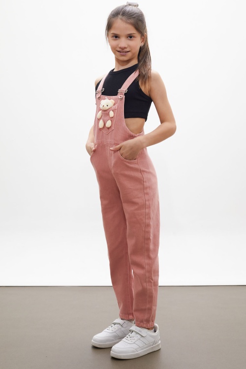 Gül Kurusu Ayıcık Cepli Kız Çocuk Salopet Tulum 18123