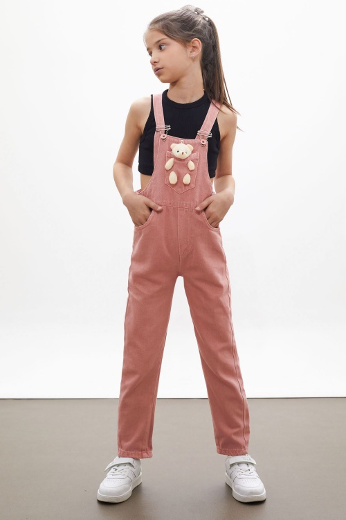 Gül Kurusu Ayıcık Cepli Kız Çocuk Salopet Tulum 18123