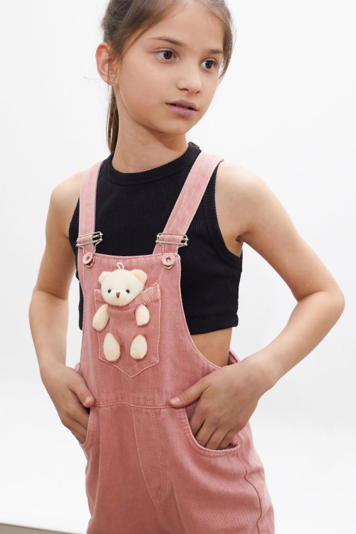 Gül Kurusu Ayıcık Cepli Kız Çocuk Salopet Tulum 18123