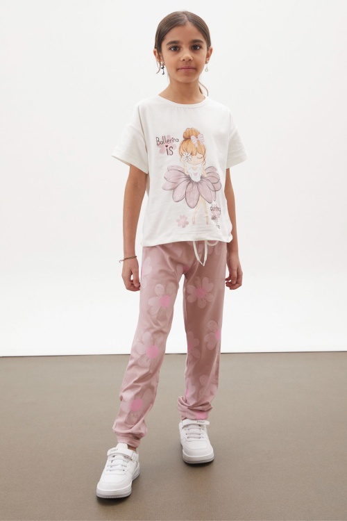 Gül Kurusu Balerin Baskılı Simli Tişörtlü Kız Çocuk Takım 18018