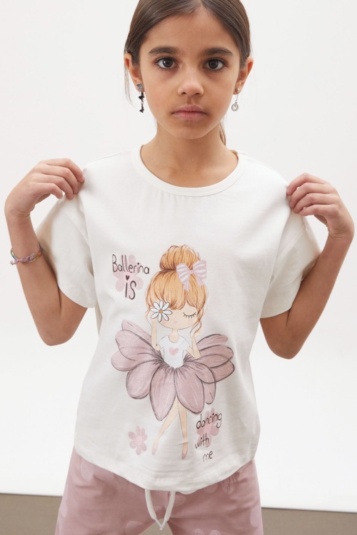 Gül Kurusu Balerin Baskılı Simli Tişörtlü Kız Çocuk Takım 18018