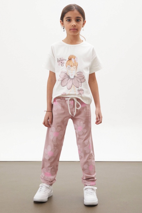Gül Kurusu Balerin Baskılı Simli Tişörtlü Kız Çocuk Takım 18018