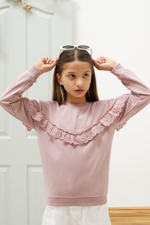 Gül Kurusu Dantel Detaylı Bisiklet Yaka Kız Çocuk Sweatshirt 18546