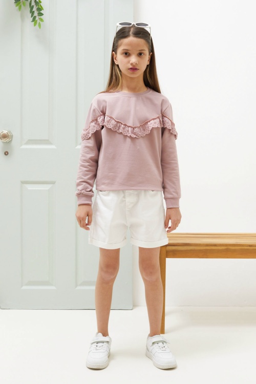 Gül Kurusu Dantel Detaylı Bisiklet Yaka Kız Çocuk Sweatshirt 18546