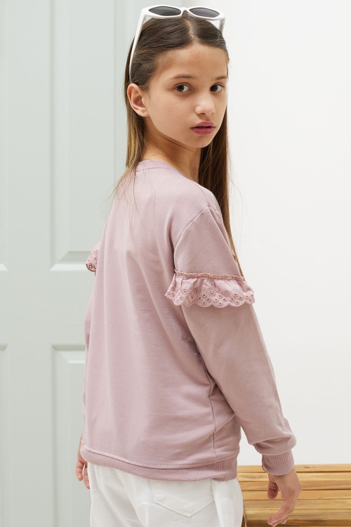 Gül Kurusu Dantel Detaylı Bisiklet Yaka Kız Çocuk Sweatshirt 18546