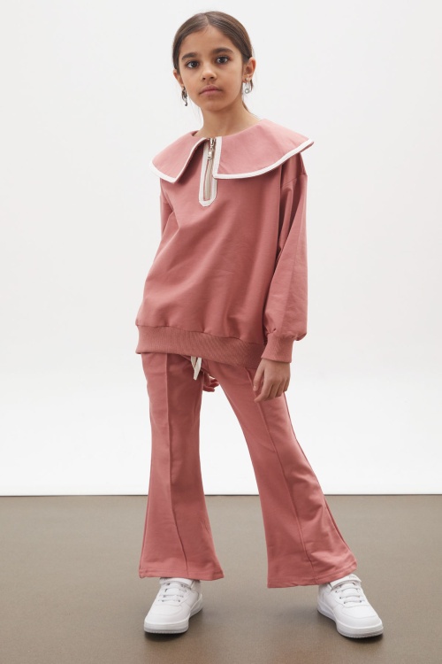 Gül Kurusu İspanyol Paça Pantolonlu Fermuarlı Yaka Badili Kız Takım 17937