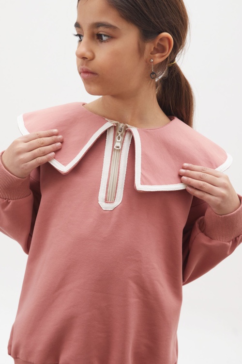 Gül Kurusu İspanyol Paça Pantolonlu Fermuarlı Yaka Badili Kız Takım 17937