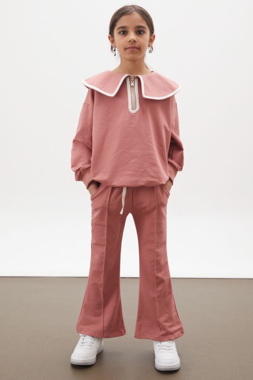 Gül Kurusu İspanyol Paça Pantolonlu Fermuarlı Yaka Badili Kız Takım 17937