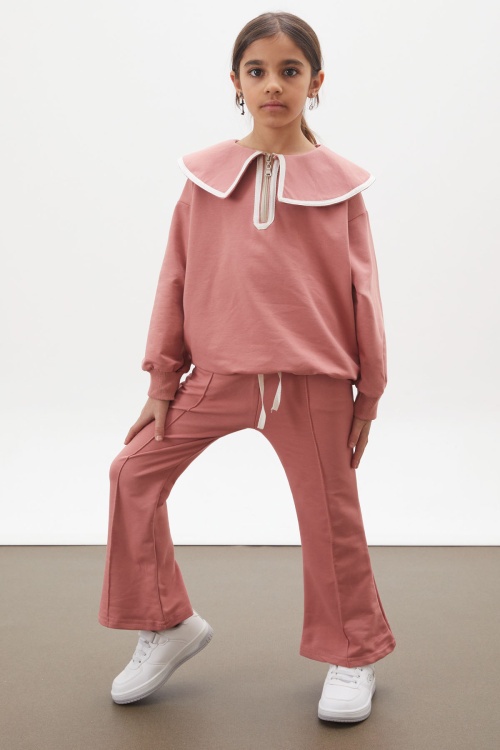 Gül Kurusu İspanyol Paça Pantolonlu Fermuarlı Yaka Badili Kız Takım 17937