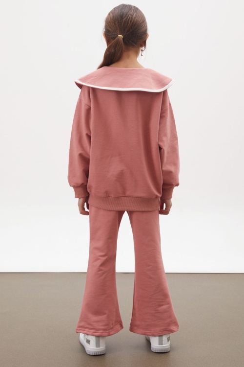 Gül Kurusu İspanyol Paça Pantolonlu Fermuarlı Yaka Badili Kız Takım 17937