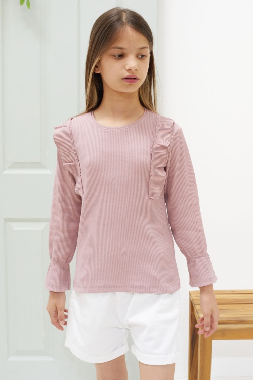 Gül Kurusu Omzu Fırfırlı Fitilli Kız Çocuk Uzun Kollu Badi 18550