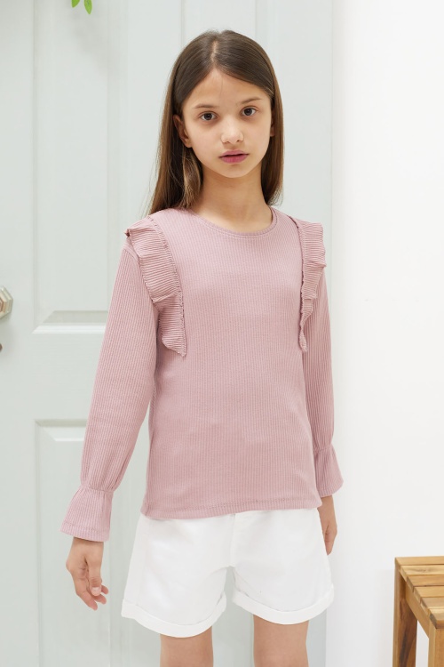 Gül Kurusu Omzu Fırfırlı Fitilli Kız Çocuk Uzun Kollu Badi 18550