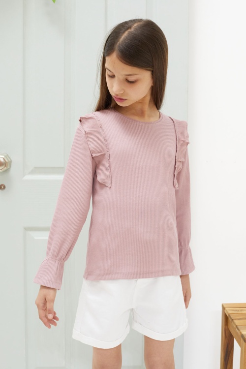 Gül Kurusu Omzu Fırfırlı Fitilli Kız Çocuk Uzun Kollu Badi 18550