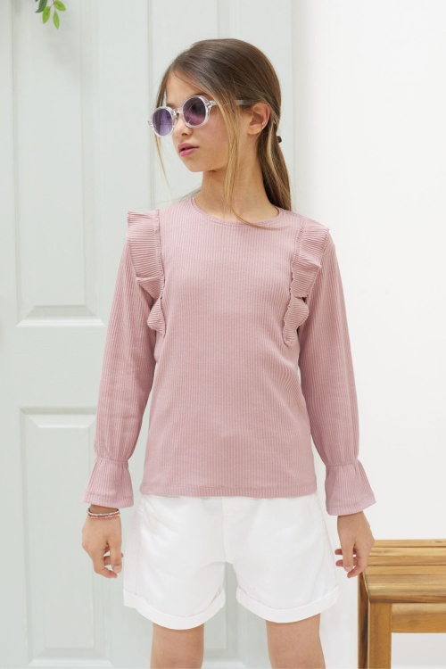 Gül Kurusu Omzu Fırfırlı Fitilli Kız Çocuk Uzun Kollu Badi 18550