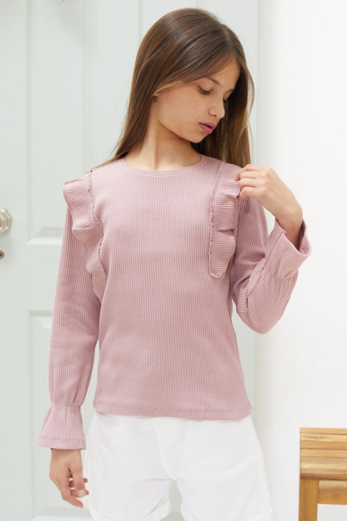 Gül Kurusu Omzu Fırfırlı Fitilli Kız Çocuk Uzun Kollu Badi 18550