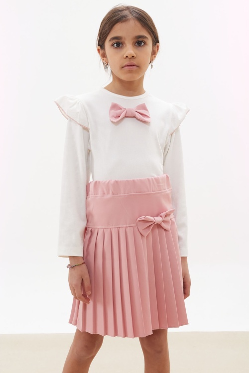 Gül Kurusu Piliseli Etekli Uzun Kol Badili Kız Çocuk Elbise Takımı 17744