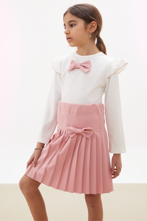 Gül Kurusu Piliseli Etekli Uzun Kol Badili Kız Çocuk Elbise Takımı 17744