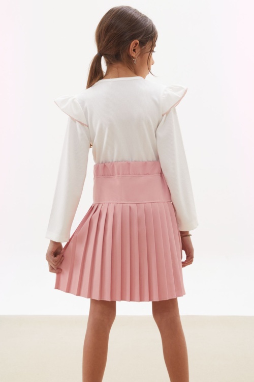 Gül Kurusu Piliseli Etekli Uzun Kol Badili Kız Çocuk Elbise Takımı 17744