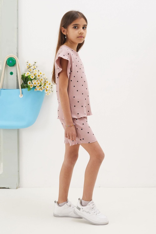 Gül Kurusu Puantiyeli Şortlu Bluzlu Kız Çocuk Takım 18675