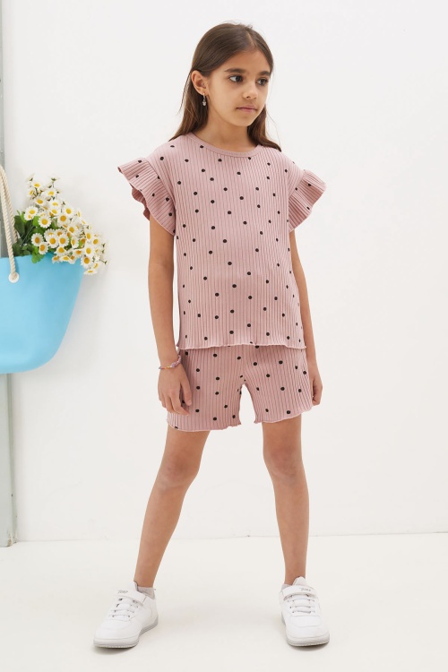Gül Kurusu Puantiyeli Şortlu Bluzlu Kız Çocuk Takım 18675