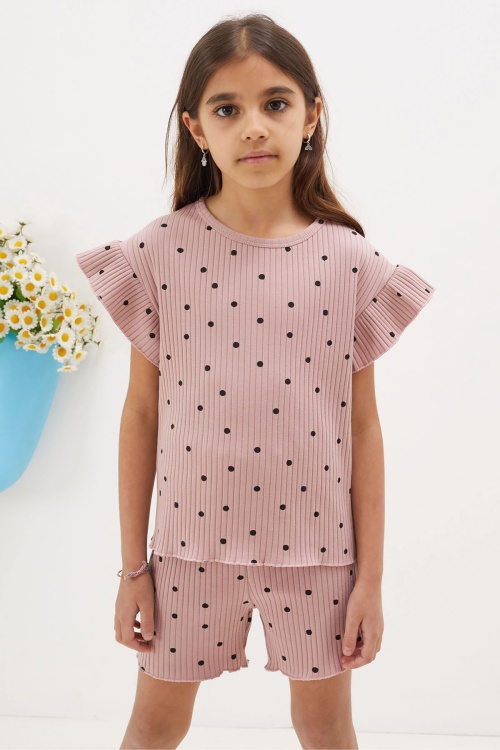 Gül Kurusu Puantiyeli Şortlu Bluzlu Kız Çocuk Takım 18675