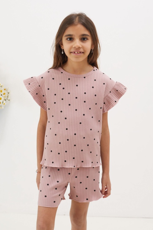 Gül Kurusu Puantiyeli Şortlu Bluzlu Kız Çocuk Takım 18675