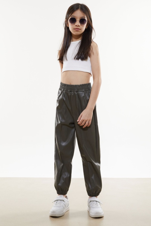 Haki Beli Lastikli Jogger Model Kız Deri Pantolon 18052