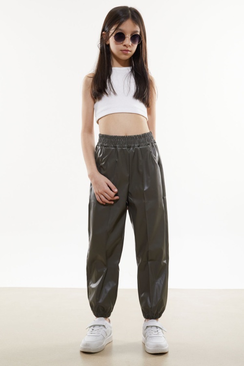 Haki Beli Lastikli Jogger Model Kız Deri Pantolon 18052