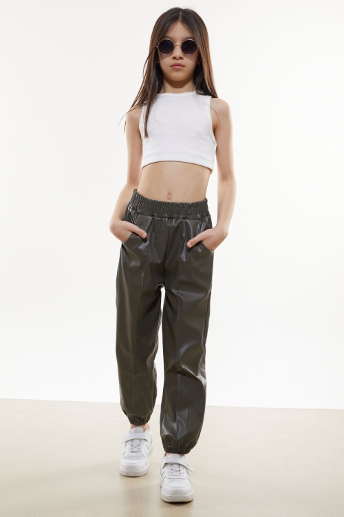 Haki Beli Lastikli Jogger Model Kız Deri Pantolon 18052