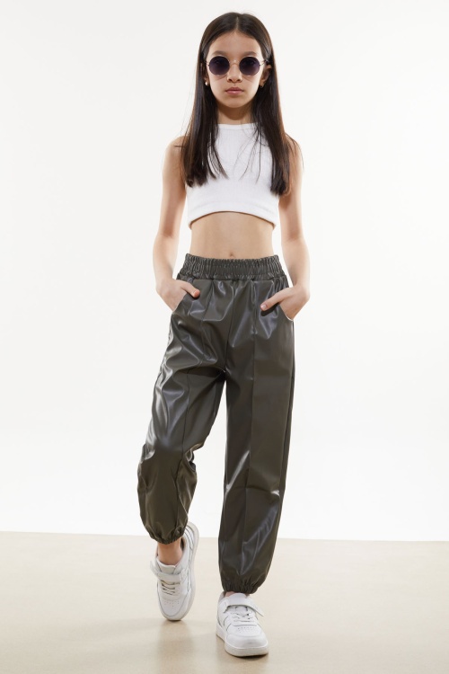 Haki Beli Lastikli Jogger Model Kız Deri Pantolon 18052