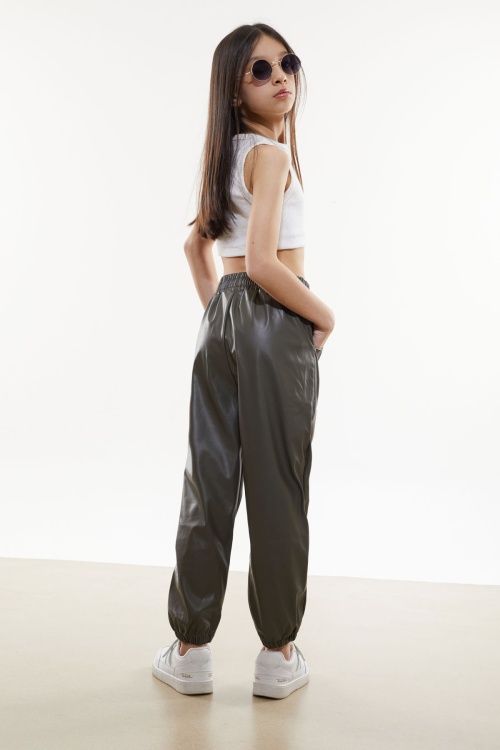 Haki Beli Lastikli Jogger Model Kız Deri Pantolon 18052