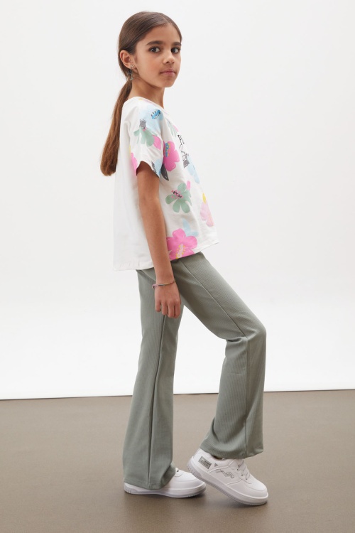 Haki Çiçek Baskılı İspanyol Paça Fitilli Taytlı Kız Çocuk Takım 17999