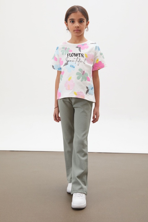 Haki Çiçek Baskılı İspanyol Paça Fitilli Taytlı Kız Çocuk Takım 17999