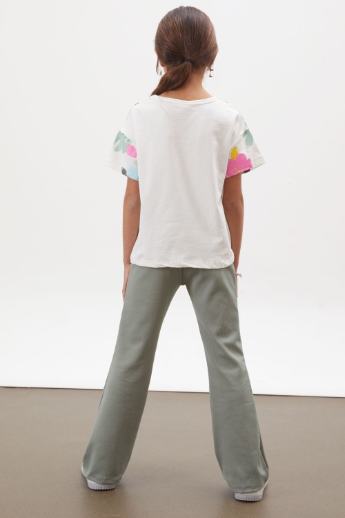 Haki Çiçek Baskılı İspanyol Paça Fitilli Taytlı Kız Çocuk Takım 17999