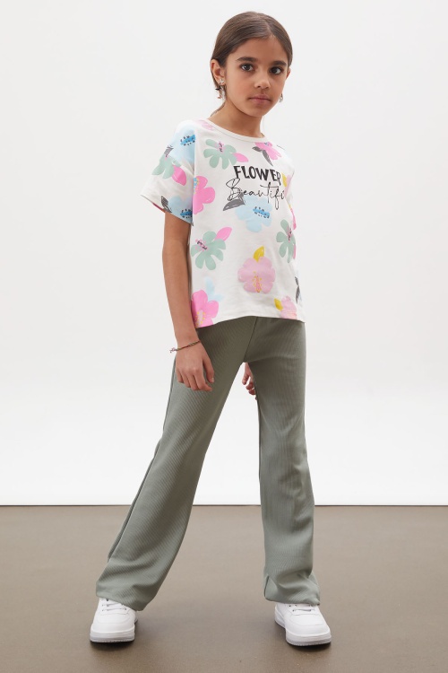 Haki Çiçek Baskılı İspanyol Paça Fitilli Taytlı Kız Çocuk Takım 17999